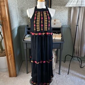 Tea n Rose Boho Whimsical Black Maxi Dress with Pink and Gold Embroidery